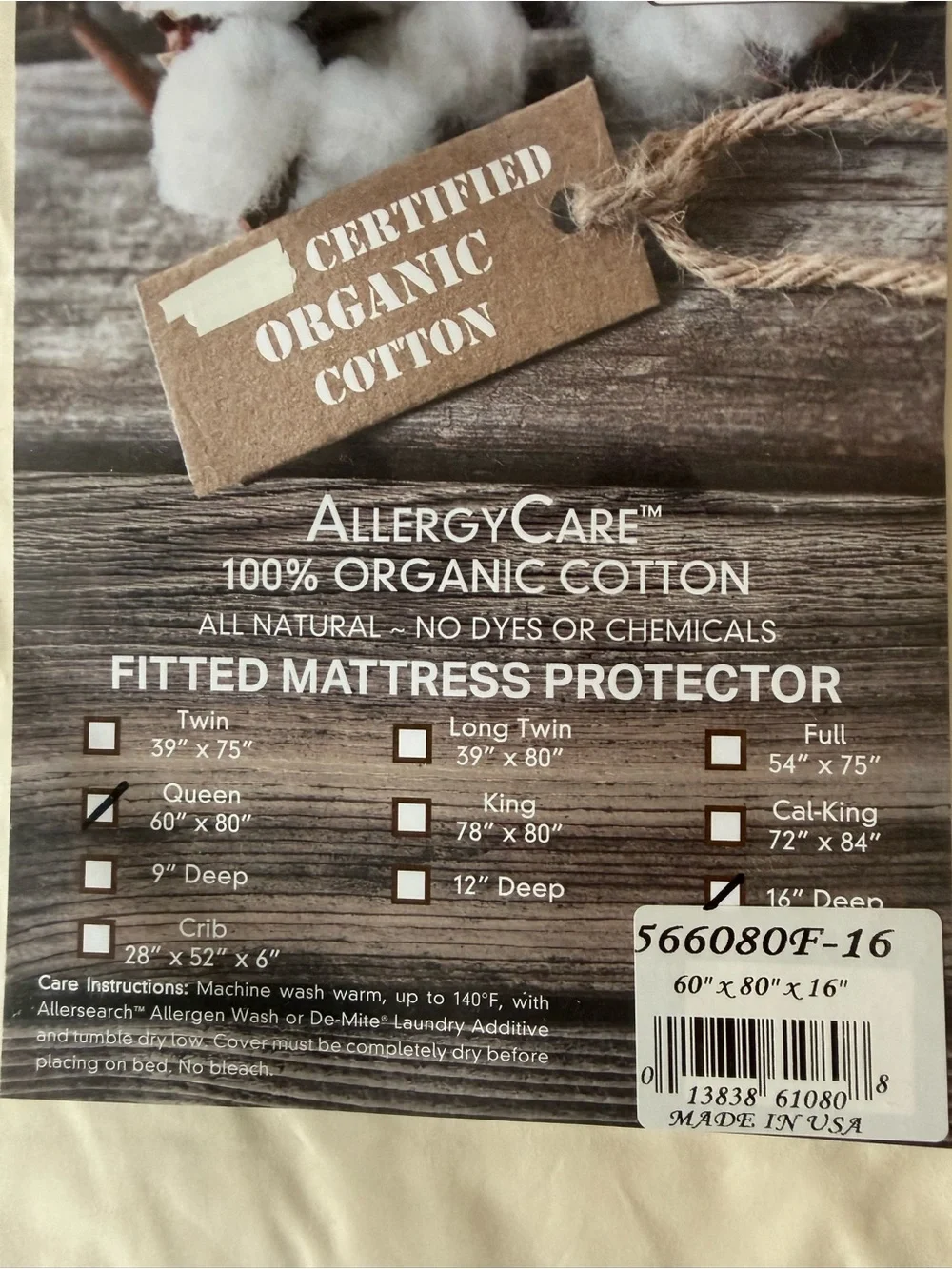 ALLERGY CARE 100% ORGANIC COTTON FITTED MATTRESS PROTECTOR QUEEN